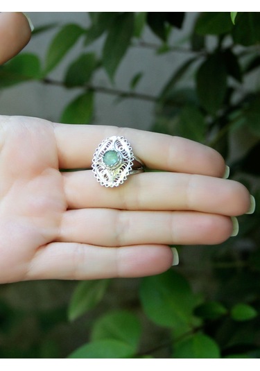 Doğal Taş Yeşil Akik Doğal Taşlı Telkari Modelli Kadın Ayarlanabilir Gümüş Kaplama Yüzük Euy65yar Yeşil