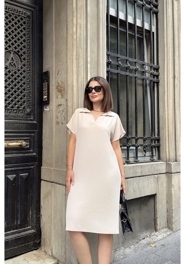 Bej Kısa Kol, Polo Yaka, Dokulu Kumaş, Basic Kalıp/kesim, Aerobin Rahat Midi Elbise Taş