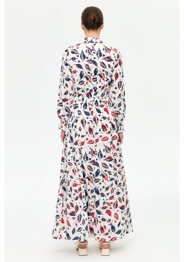 Yaprak Desenli Empirime Elbise Lacivert