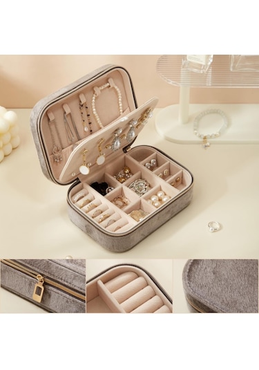 Mdl1-kadife Gri Takı Kutusu Yeni Tasarım Fermuarlı Takı Düzenleyi