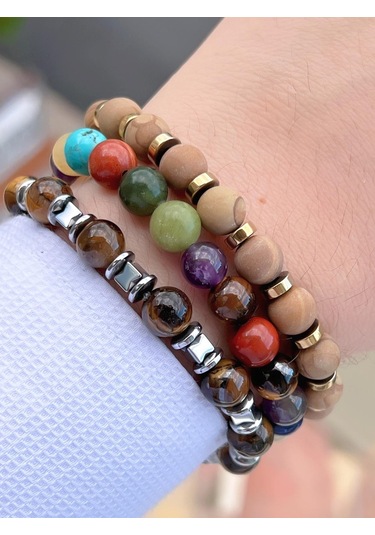 Nursaat Doğal Taş Özel Kombin Kaplan Gözü-çakra-oniks Oluşumu Doğal Unisex Enerji Bilekliği Blkt.ns02 3 Adet Çok Renkli