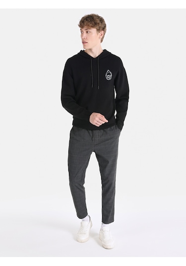 Colins Regular Fit Baskılı Kapüşonlu Siyah Erkek Kazak Cl1065585 Siyah