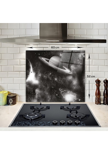 Decorita Cam Ocak Arkası Koruyucu Galaksi Desen Siyah Beyaz Fon 49.5 x 76 CM