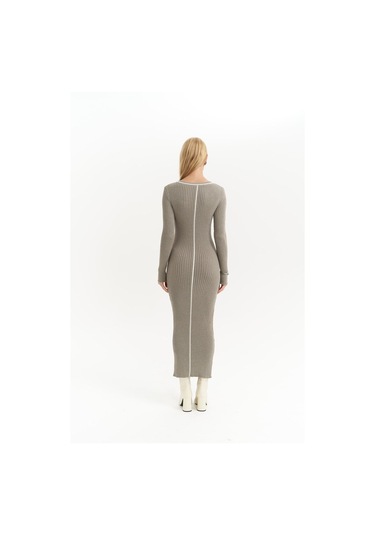 Aston Çizgi Detay Gri Triko Elbise Gri