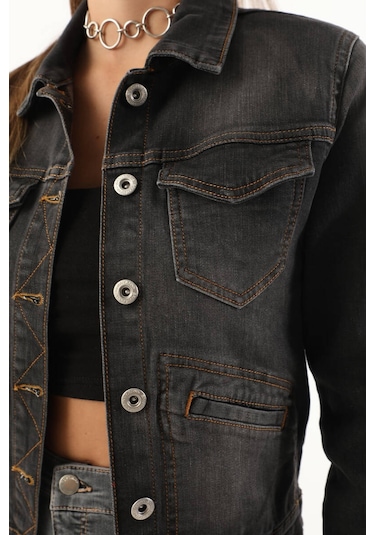 Kadın Cep Detaylı Slim Fit Jean Ceket Siyah 001