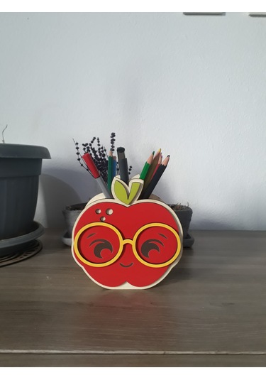 Ahşap Elma Figürlü Kalemlik 13x13x7 Cm