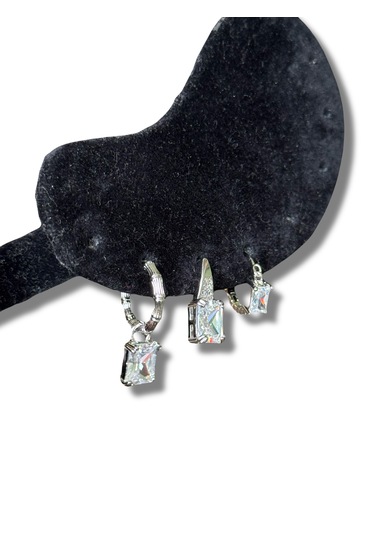 Üçlü İri Taşlı Sallantılı Göz Alıcı Çelik Küpe Gümüş