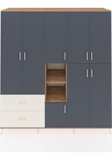 Kronos Dolap 12 Raflı 2 Çekmeceli Tek Askılı 220x59x243 Çam-antrasit/aytaşı Antrasıt/aytası