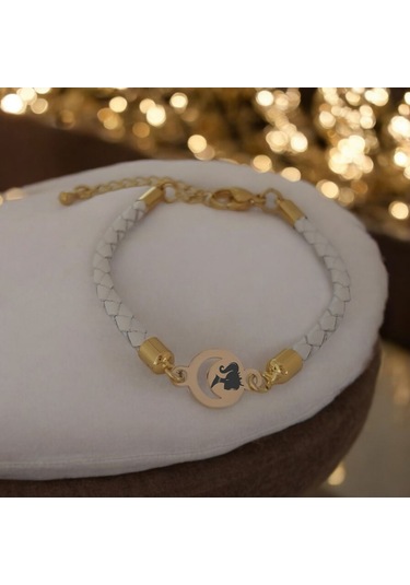 Archin Barbie Temalı 14 Ayar Altın Plakalı Doğal Beyaz Derili Ay Motifli Hediye Bileklik-477sembol Barbie Sembolü