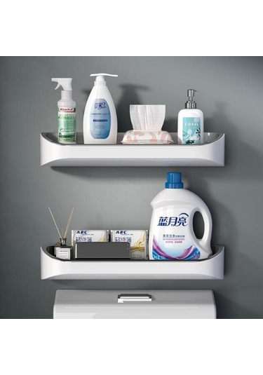 Siyah Tuvalet Rafı Duvara Monte Çok Fonksiyonlu Banyo Tuvalet Malzemeleri Büyük Deliksiz Banyo Depolama Rafı Siyah