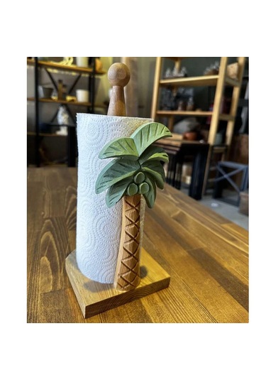 Reyo Ahşap Oyma Peçetelik Kağıt Rulo Havluluk Palmiye Desenli