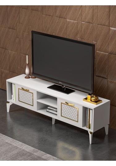 Tv Sehpası Tv Ünitesi Beyaz Gold 160 Cm Linya 5042 Sarı