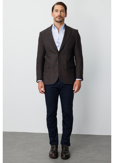 Erkek Kahve Regularfıt / Rahat Kalıp Mono Yaka Ceket-20010 Kahverengi