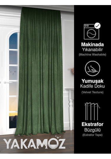 Yakamoz Kadife Görünüm Sarmaşık Yeşili Ada Fon Perde Ekstraforlu Velvet Touch Serisi Sarmaşık Yeşili