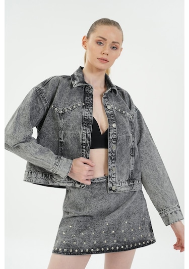 Asit Yıkama Antrasit Regular Fit Drop Detaylı Jean Ceket C 4538-225