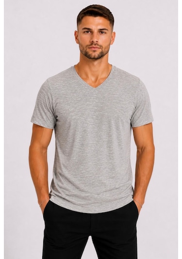 Axxel Erkek Toprak Melanj Pamuklu V Yaka Kısa Kollu T-shirt-d804