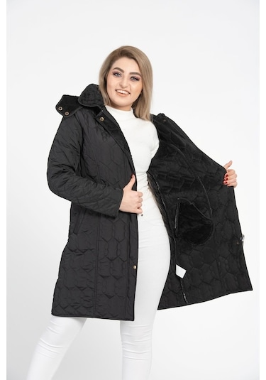 Vetre Kadın Kapitone Mont (95 Cm) Siyah Büyük Beden 1016 Çok Renkli
