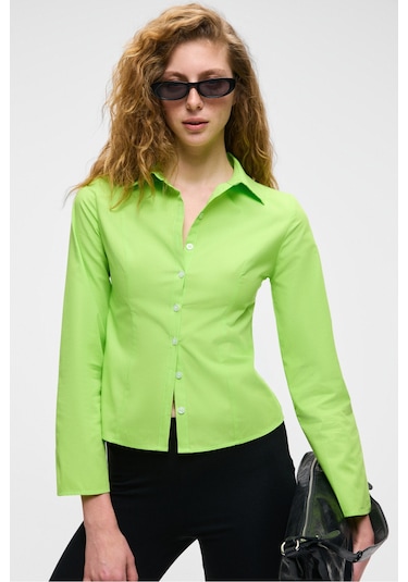GRINNE Kadın Slim Gömlek Yaka Uzun Kollu İnce Uzun Fıstık Yeşili Gömlek