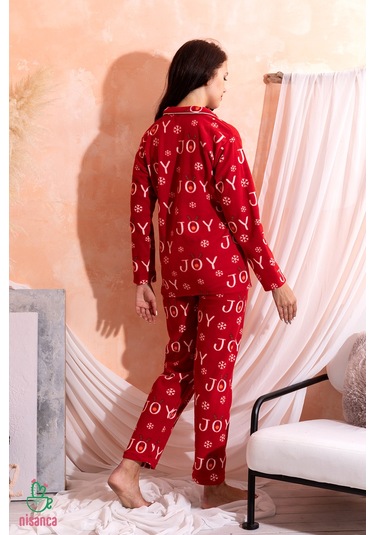 Kışlık Yılbaşı Desenli Kadın Gömlek Polar Pijama Takımı- Geyikli Yılbaşı Pijaması Kırmızı