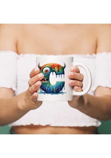 C Harfi Bardak, Sevimli Canavarlar Harflı Bardak Hediyesi Porselen Beyaz