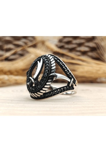 Gümüş Erkek Yüzük Nano Taş Süslemeli Zülfikar Figürlü