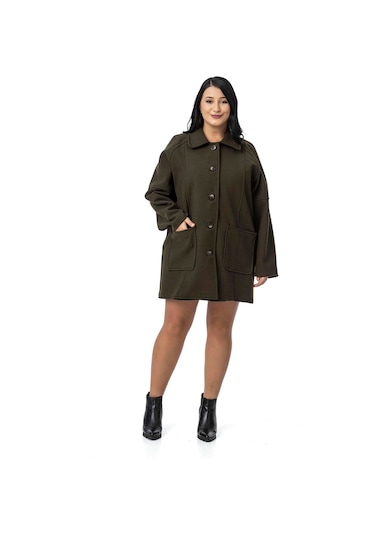 Büyük Beden Gömlek Yaka Reglan Kollu Torba Cepli Astarsız Kaşe Kısa Haki Kaban Haki