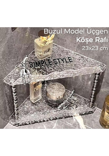 Kırık Cam Desenli Şeffaf 2 Katlı Köşe Rafı Dekoratif Model 23x23 Cm