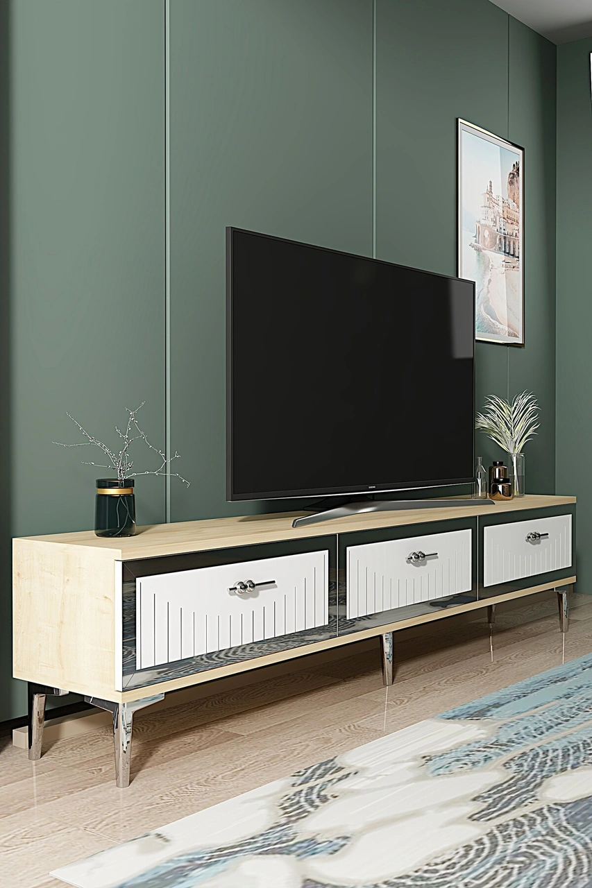 Tsa1802dbs - Tuna Tv Stand, Tv Sehpası Safirmeşe-beyaz-sılver 180cm Beyaz