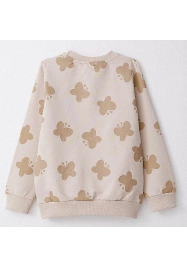 Kız Çocuk Kelebek Baskılı Pamuklu Eşofman Takım-14587 Bej