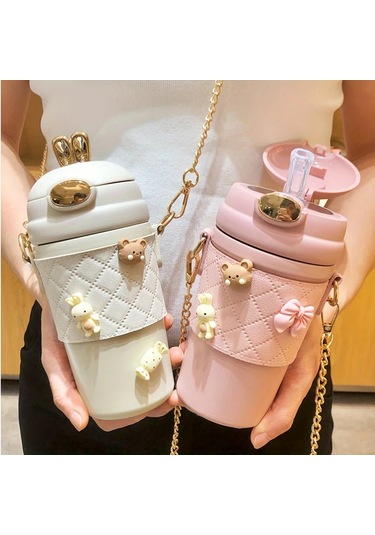 Oldfriend Yalıtımlı 480ml Paslanmaz Çelik Termal Bardak Taşınabilir Pipet Kayışı 4 Adet 3d Çıkartma Beyaz Beyaz Rastgele Verilen 4 Adet 3d Çıkartma