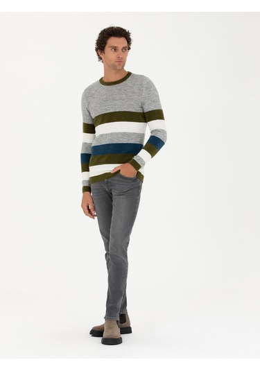 Cacharel Haki Slim Fit Bisiklet Yaka Triko Kazak Yesıl
