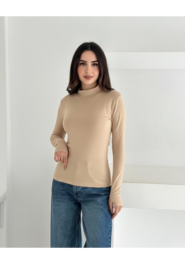 Kadın Yarım Balıkçı Yaka Parmak Geçmeli Full Likralı Buzz Body Krem