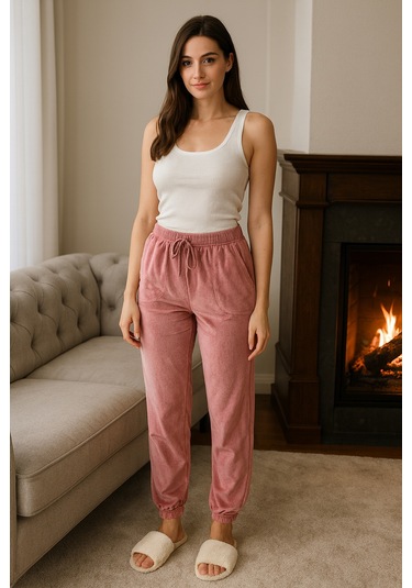 Kadın Paçası Lastikli Cep Detaylı Kadife Kumaş Tek Alt 503 Pembe Pembe