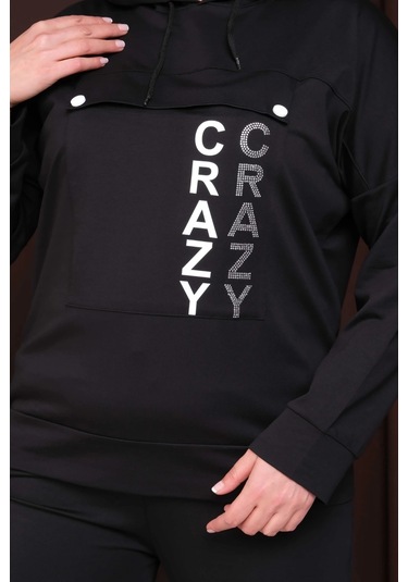 Kapüşonlu Crazy Baskılı Alt-üst Takım Siyah