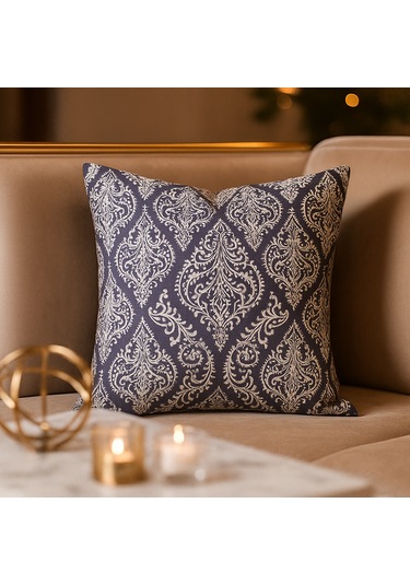 Klasik Desenli Gri Duck Kırlent Kılıfı Lüks Dokulu, Fermuarlı 45 x 45