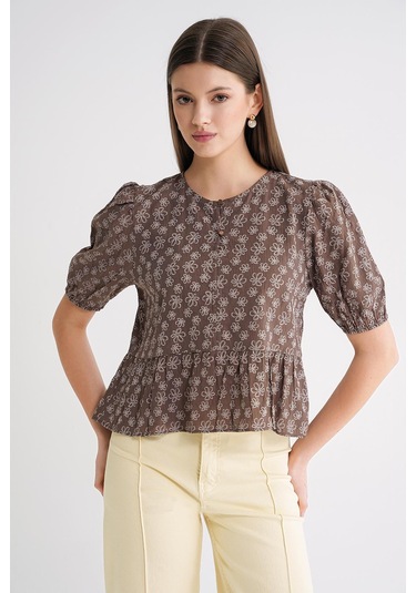 4688 Kadın Balon Kol Çiçek Desenli Peplum Bluz Kahve Kahve