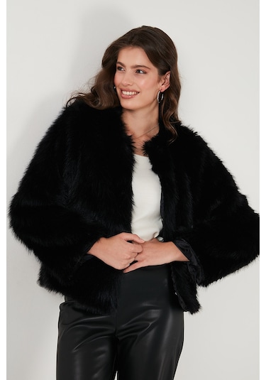 Lela Oversize Fit Yuvarlak Yaka Astarlı Kısa Bayan Kürk 6810266 Siyah