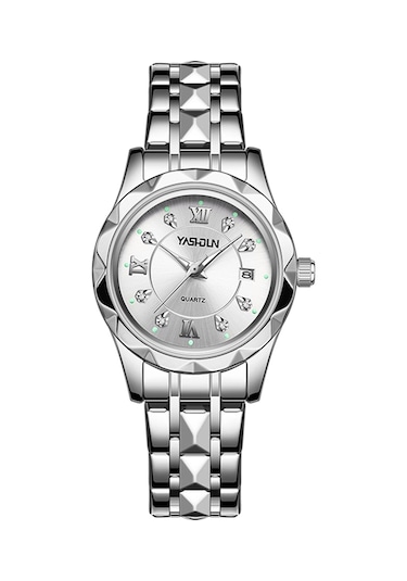 Yashıdun 5064 Şık Kadın Kuvars İzle Çelik Kayış Aydınlık Takvim Bilek Saati - Beyaz Kadran / Gümüş Kayış