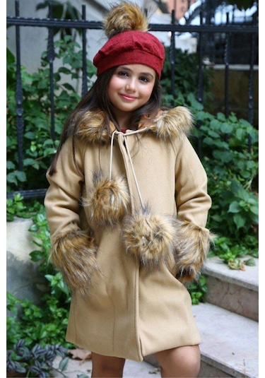 Riccotarz Kız Çocuk Kolları Ve Kapüşonu Kürk Detaylı Ponpon Bereli Kahverengi Kaşe Kaban 001