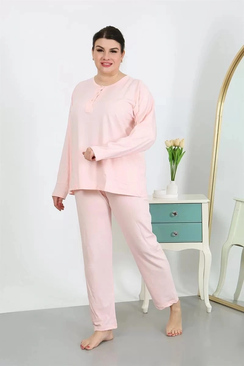 Moda Kadın Büyük Beden Uzun Kol Penye Pijama Takımı Pembe Pembe
