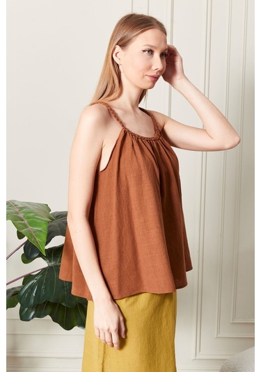 Şık Farklı Tarz Keten Işıl Bluz - Zarif Ve Modern Tasarım Kiremit