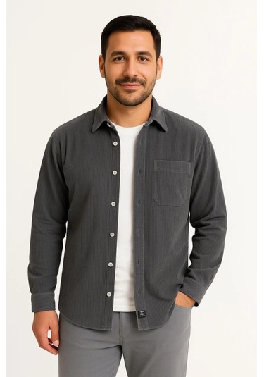 Erkek Fitilli Kadife Cepli Gömlek Oversize Rahat Kalıp - Füme Füme