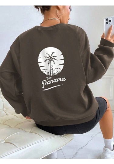 Palmiye Ağacı Ve Harf Grafikli Damla Sweat-trzksw3140 Kahverengi