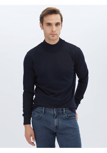 Kip Lacivert Yarım Balıkçı Yaka Düz Örgü Yün Karışımlı Triko Çok Renkli