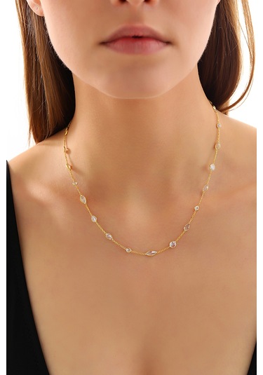 925 Ayar Gümüş Mekik Damla Yuvarlak Zirkon Taş Atlamalı Kolye Altın