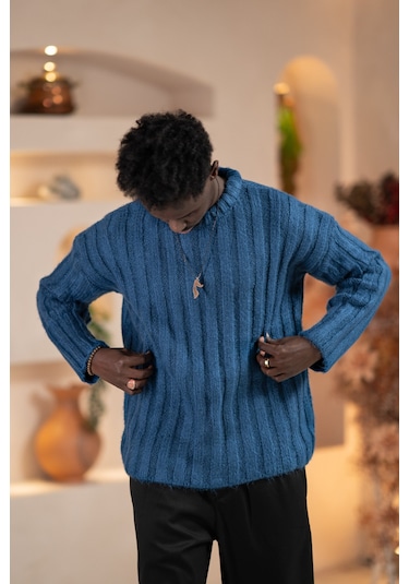 Oversize Kendinden Çizgili Pamuklu Kalın Triko Spor Kazak Indigo