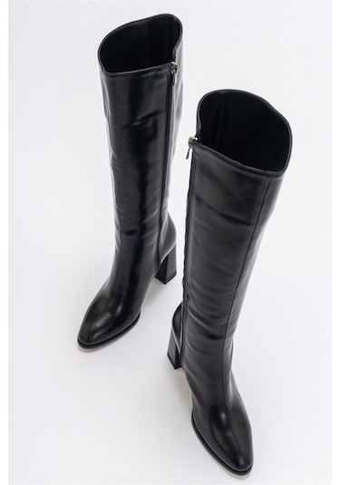 Luvishoes Decer Siyah Cilt Kadın Topuklu Çizme Siyah