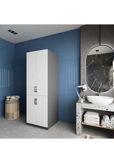 Venedik Çamaşır Ve Kurutma Makinesi Dolabı Banyo Dolabı Füme Beyaz Antrasit - Beyaz