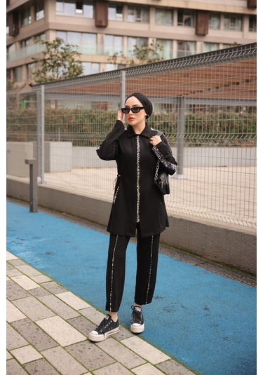 Tesettür Eşofman Takımı Fermuarlı Ikili - Tunik Pantolon Siyah - Beyaz 474 Siyah - Beyaz