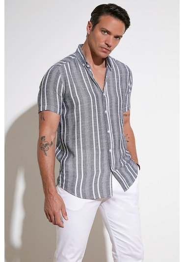 Buratti Çizgili Pamuklu Slim Fit Kısa Kollu Erkek Gömlek Cf23S116097 Siyah
